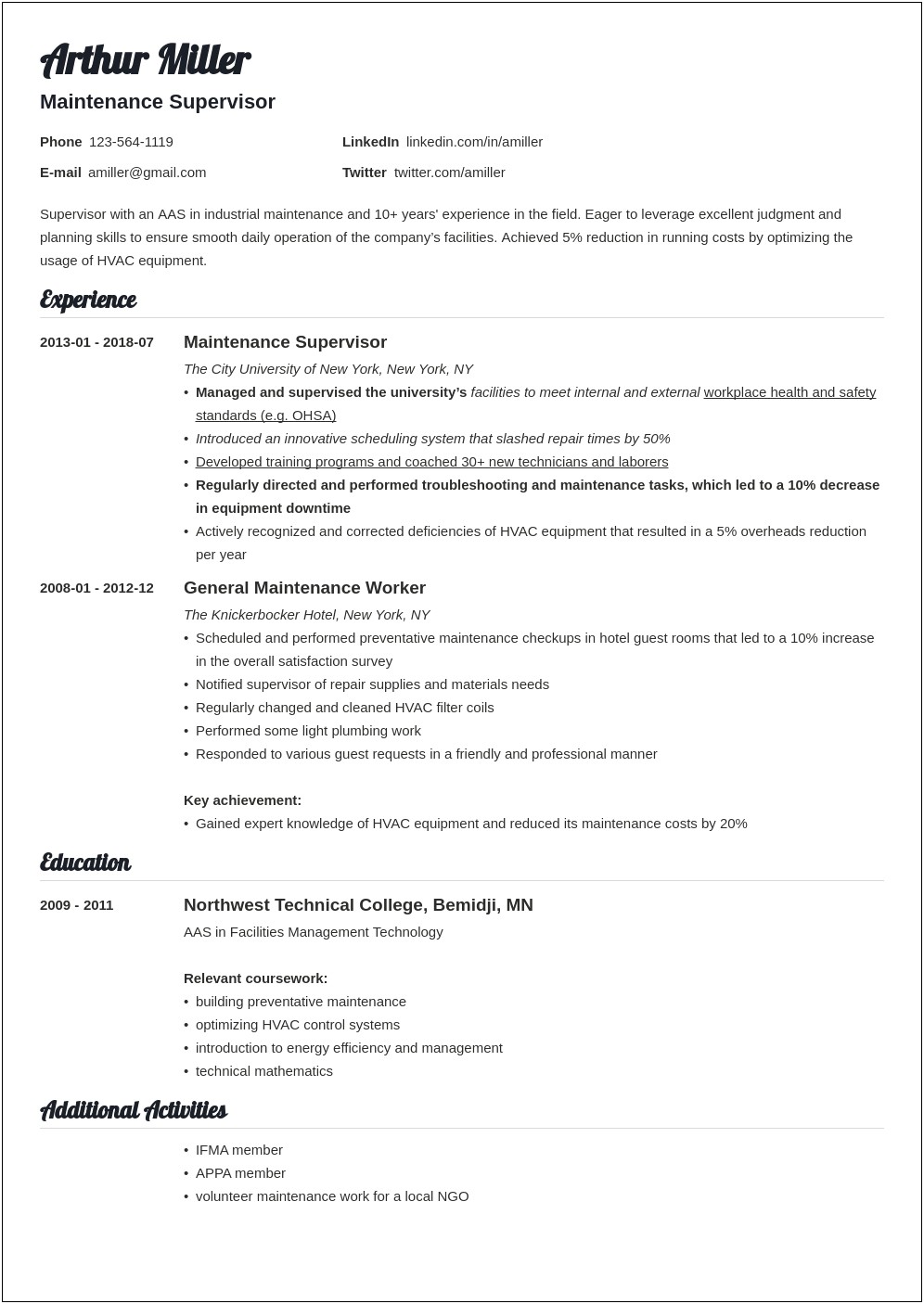 Objective On Resume For Facilitles Technician