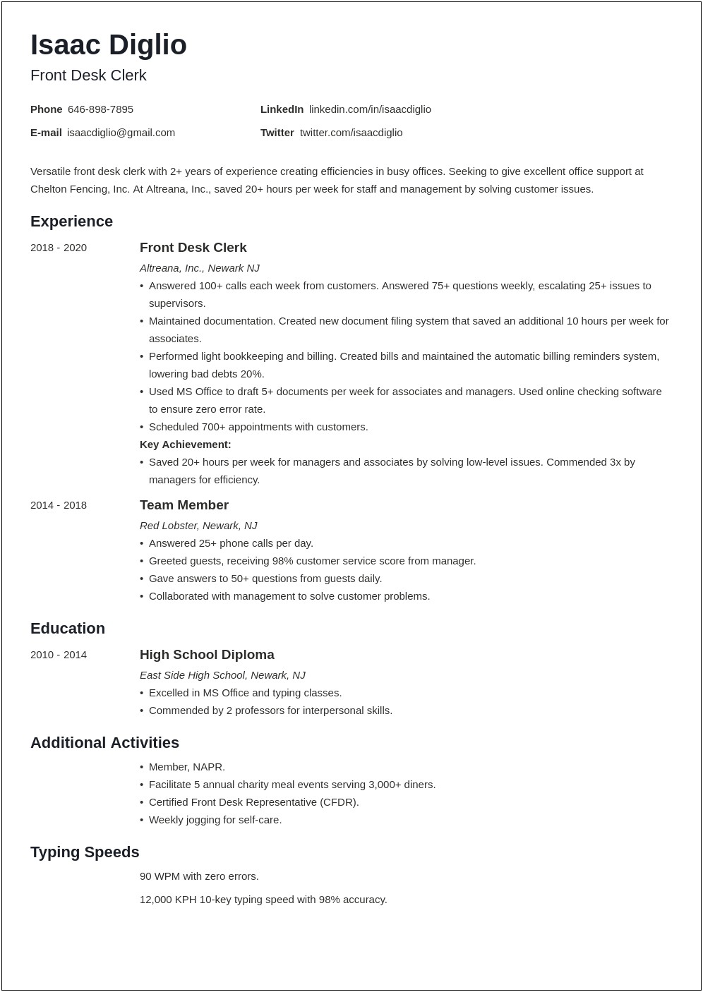 Objective On Resume For Front Desk