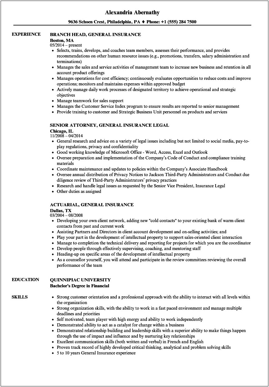 Objective On Resume For Insurancer Company