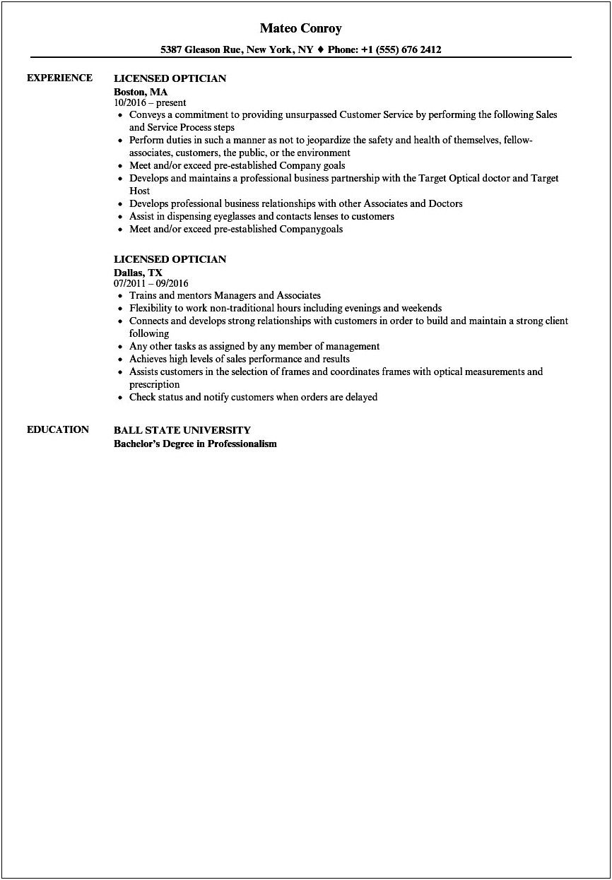 Objective On Resume For Optometric Technician