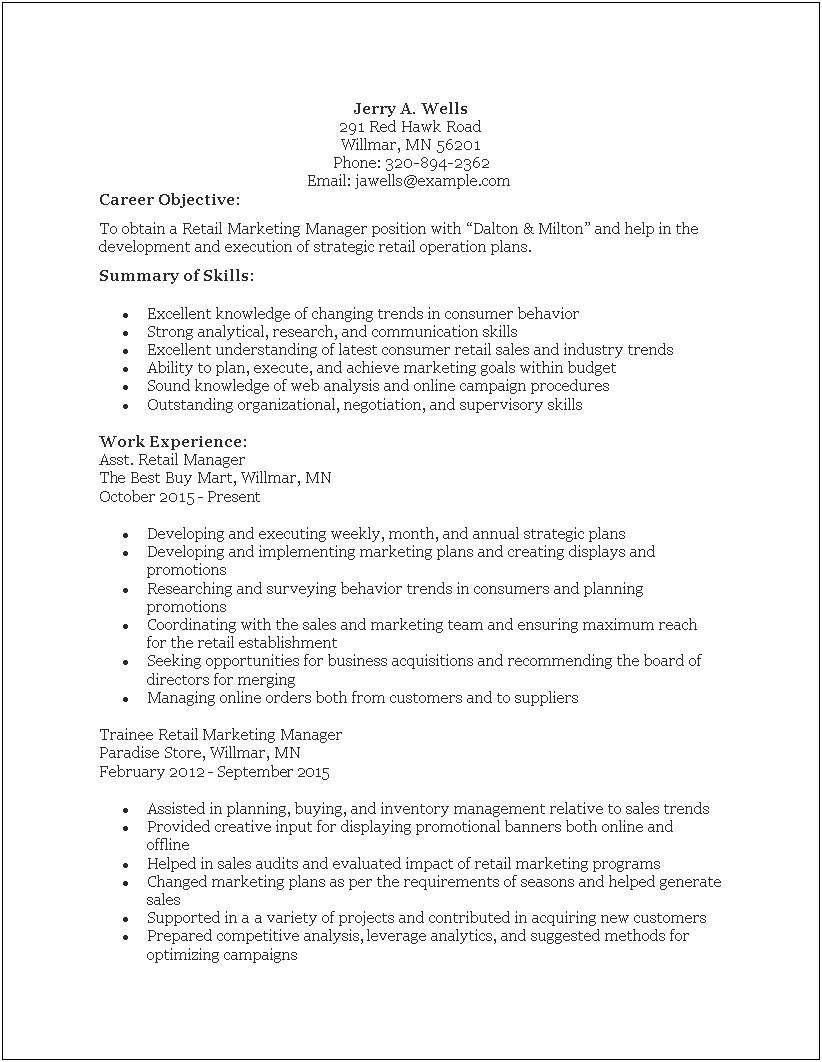 Objective On Resume For Retail Manager