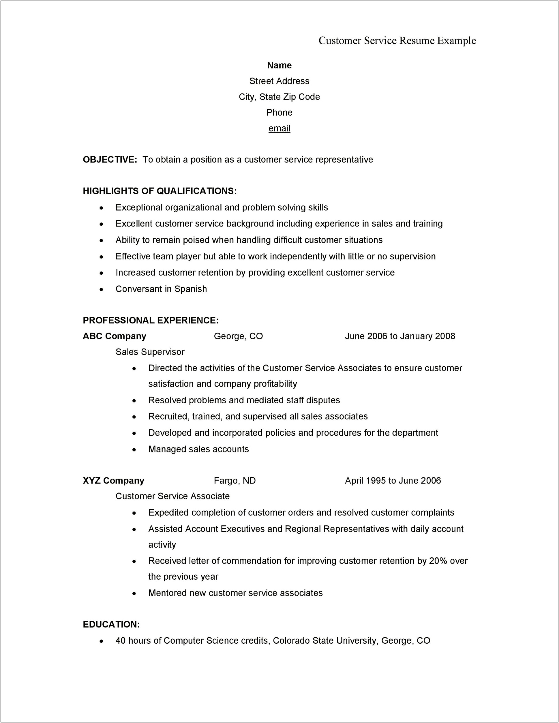 Objective Part Of Resume For Customer Services