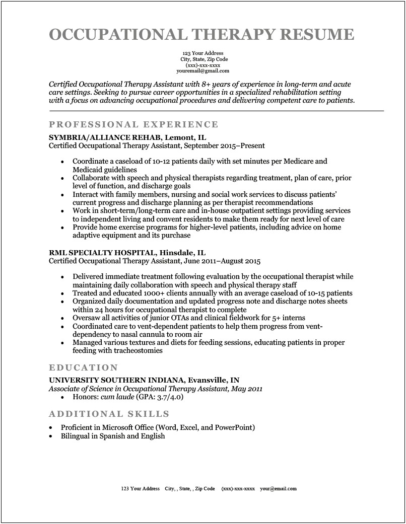 Objective Portion Of Resume Occupational Therapy