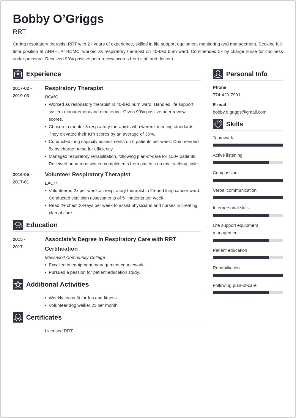 Objective Portion On Resume Respiratory Therapy