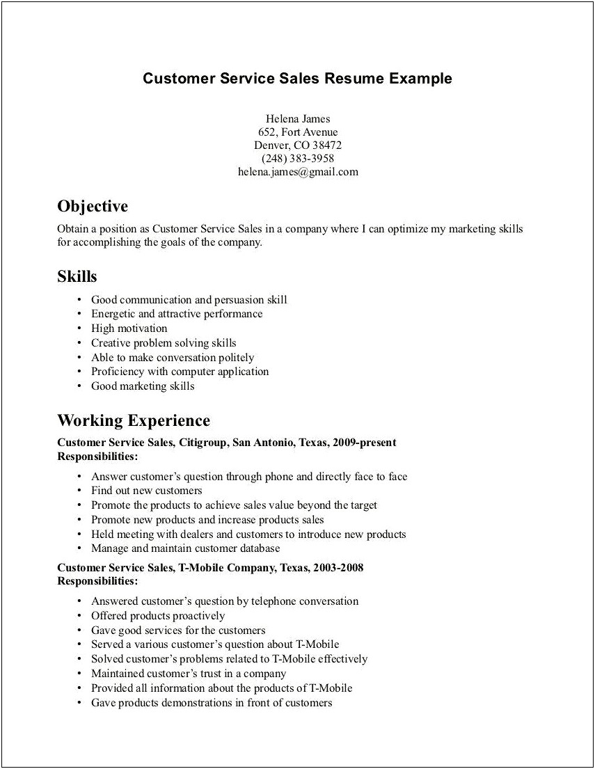 Objective Statement For A Resume For Customer Service