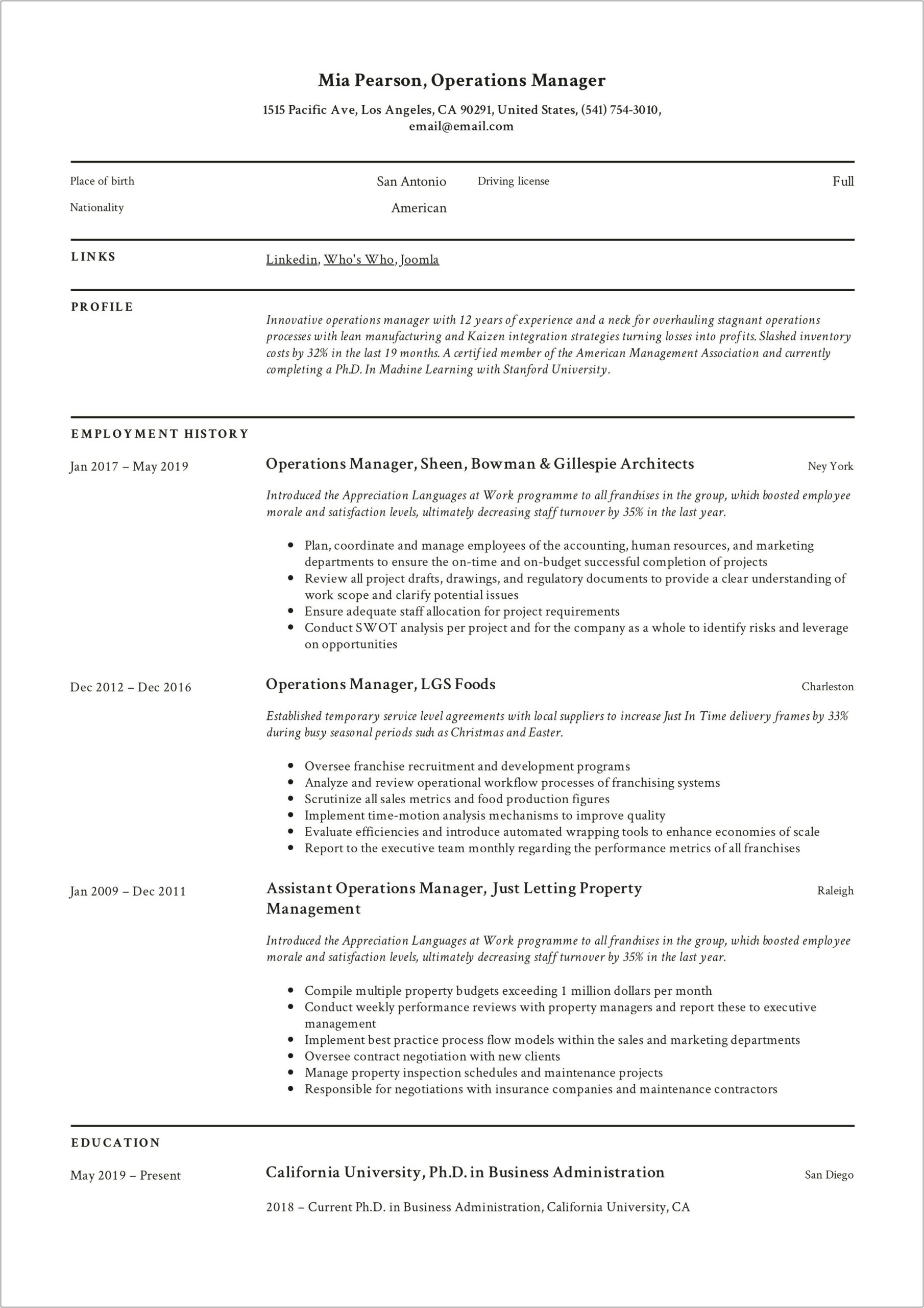 Objective Statement For Operations Manager Resume