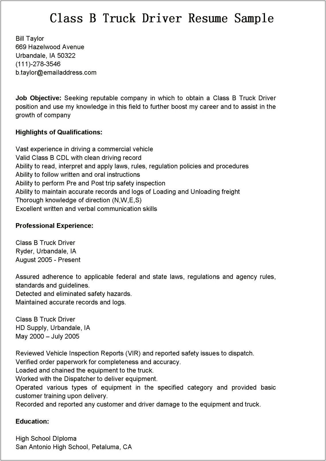 Objective Statement For Truck Driving Resume