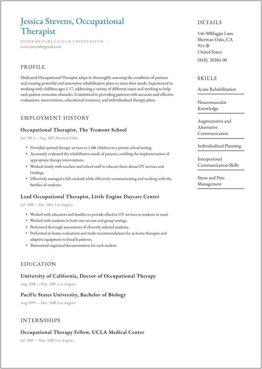 Objective Statement On Resume For Occupational Therapist