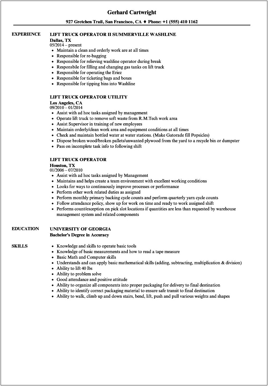 Objective Summary For Forklift Operator Resume