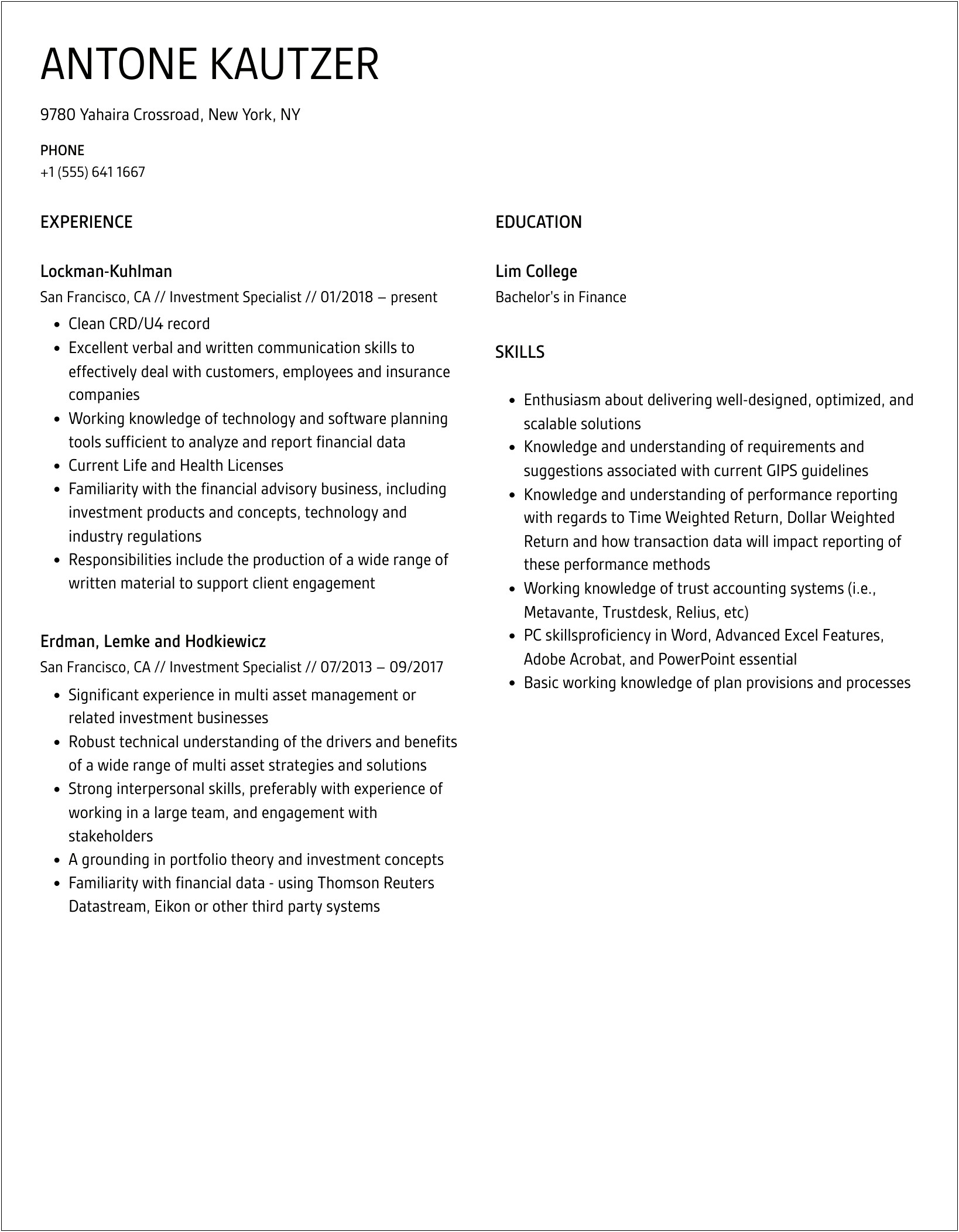 Objectives For Resumes For Investment Specialist