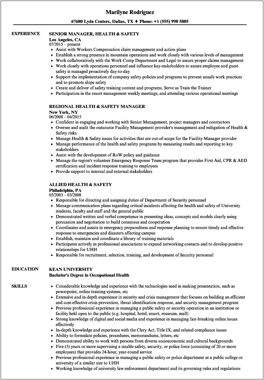 Occupational Safety And Health Supervisor Resume Sample