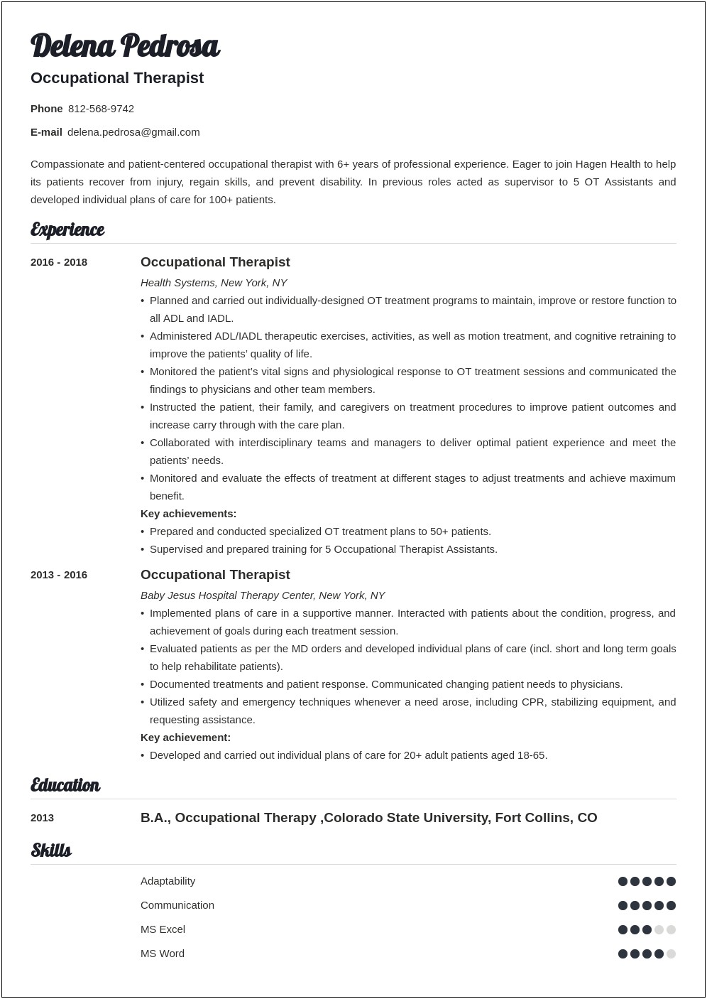 Occupational Therapy Assistant Resume Job Description