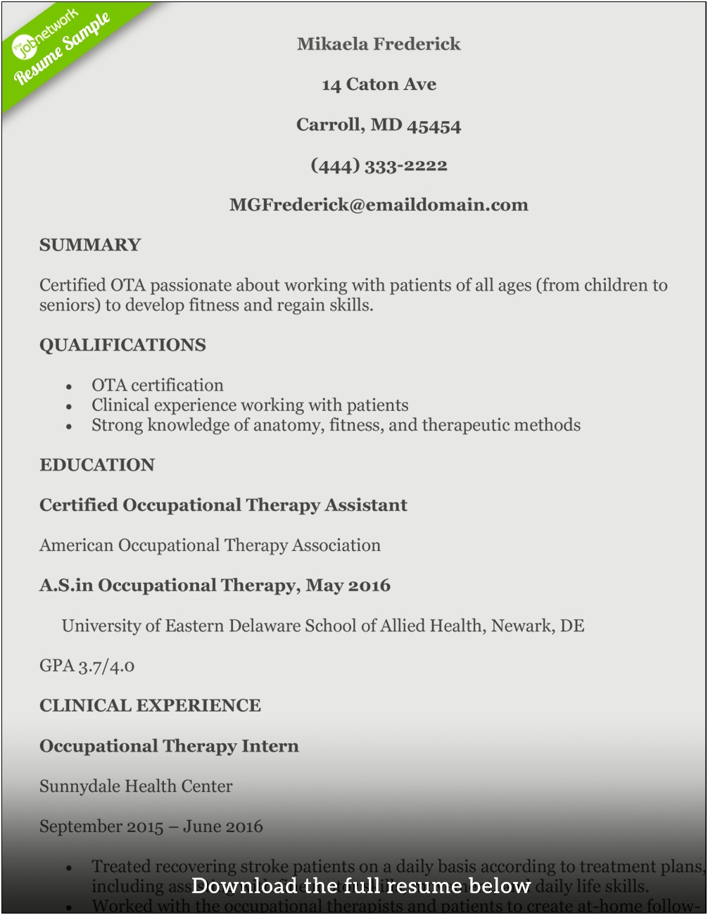 Occupational Therapy Intern Skills For Resume