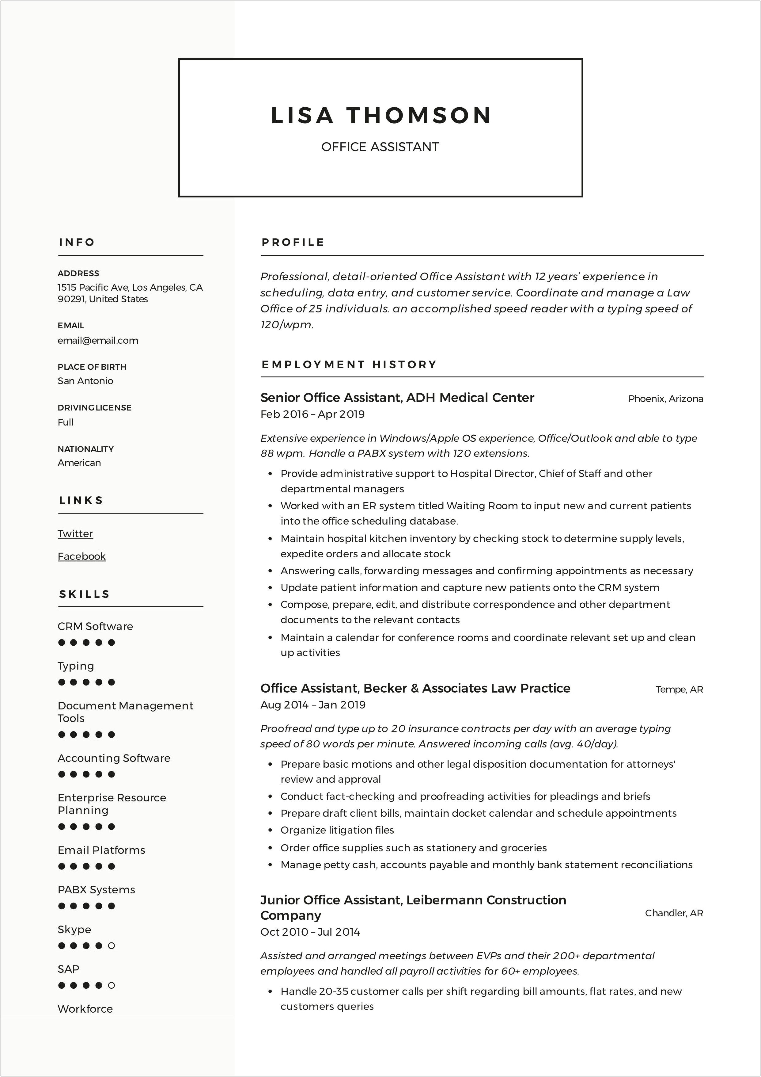 Office Assistant Job Description Resume Sample