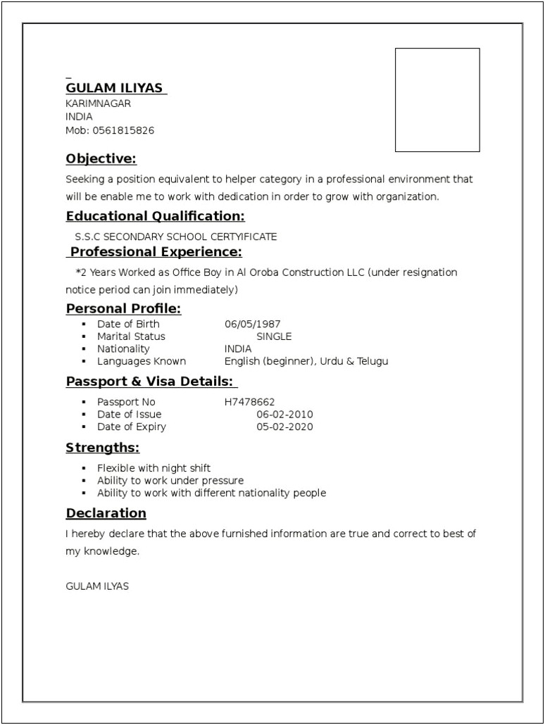 Office Boy Resume Sample Free Download