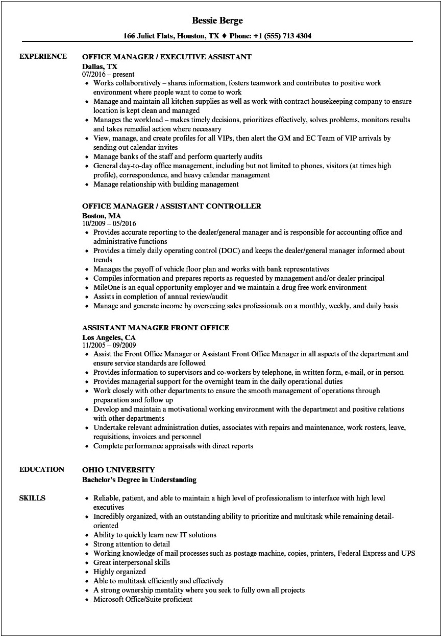 Office Manager Assistant Skills For Resume