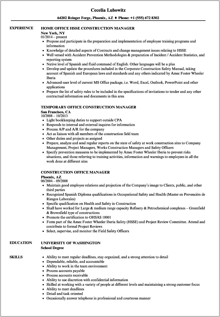 Office Manager For Restoration Company Resume