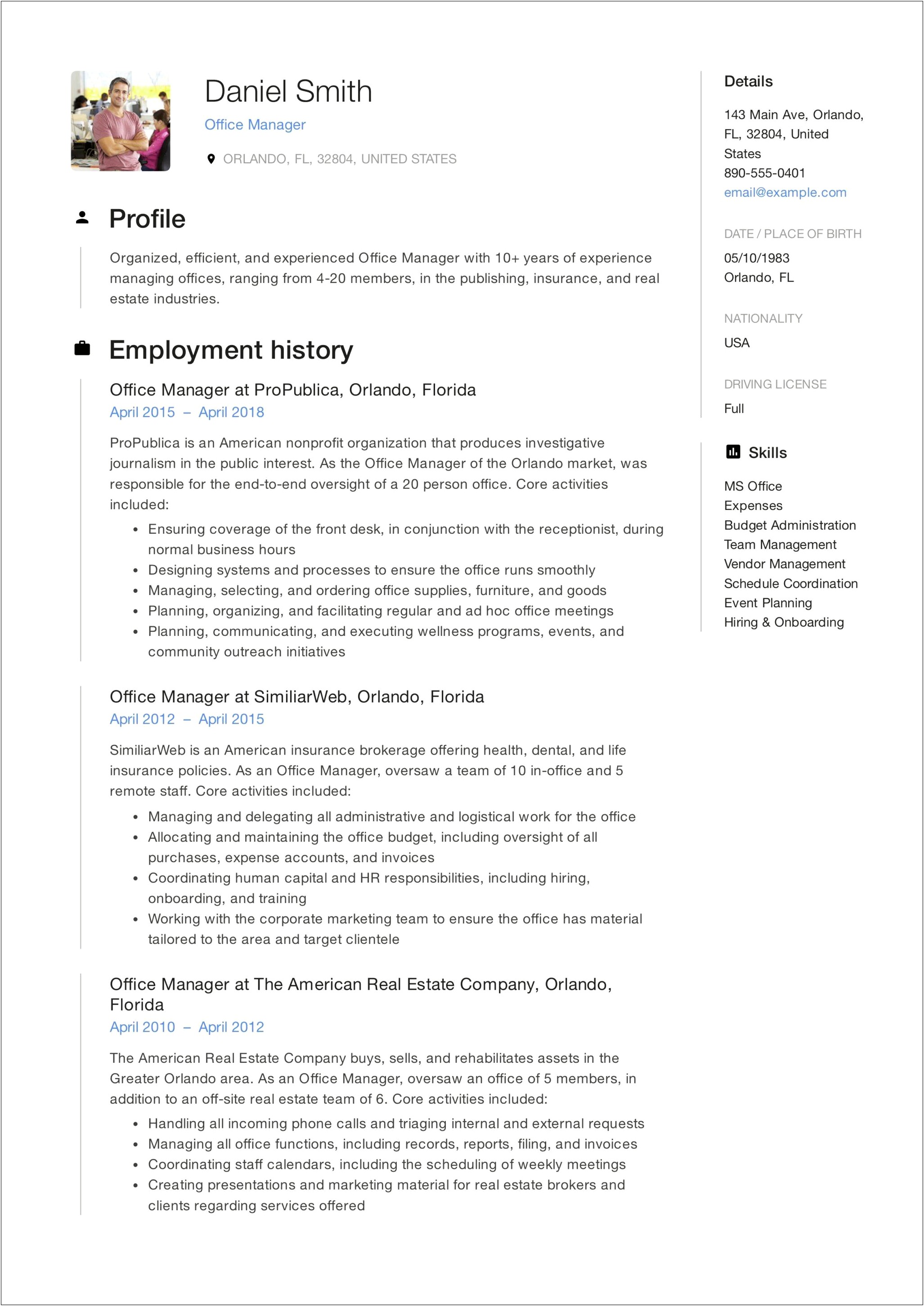 Office Manager Sample Resume New York