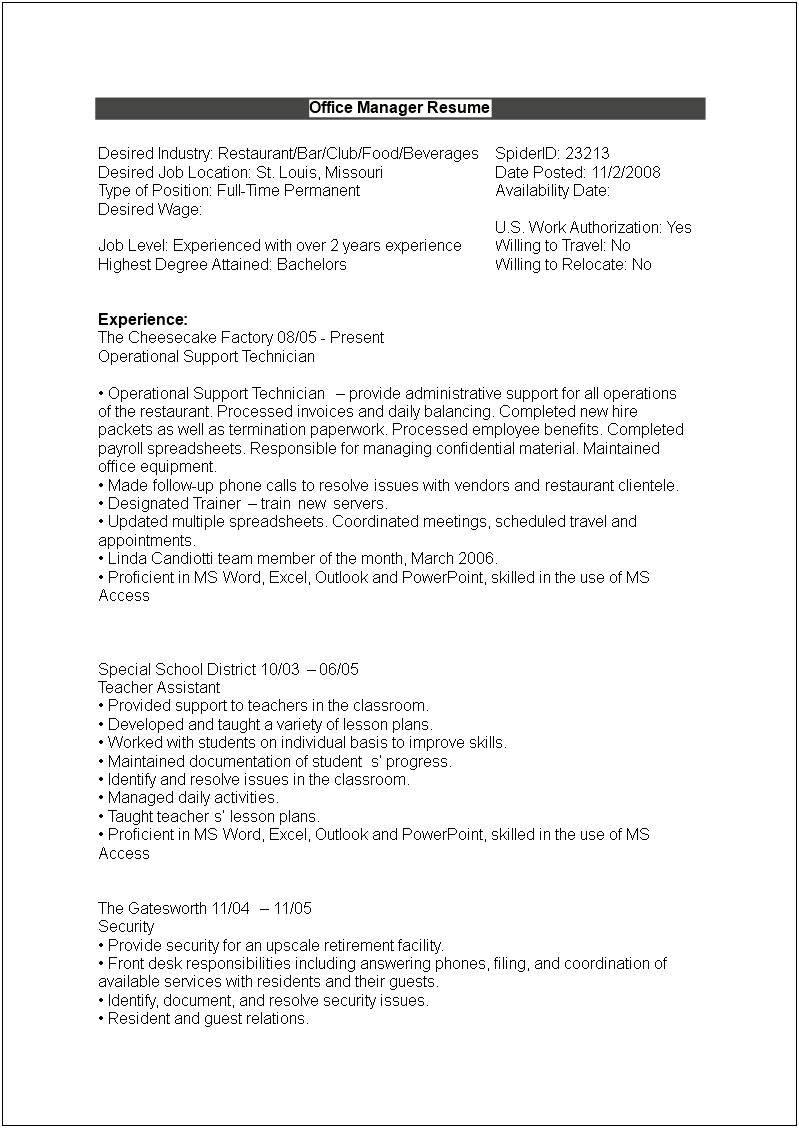 Office Support Job Description For Resume