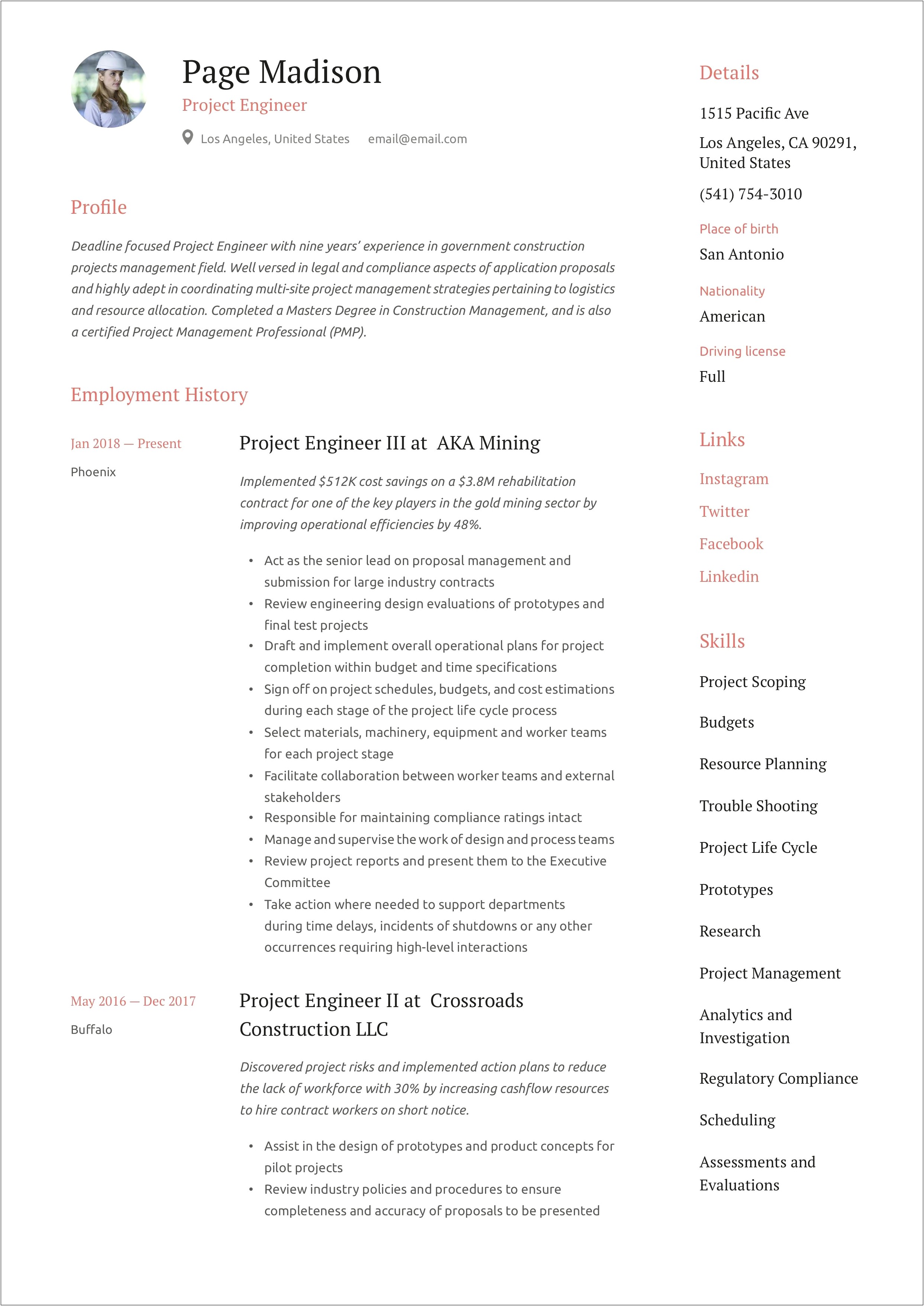 Oil And Gas Field Electrical Engineer Resume Sample