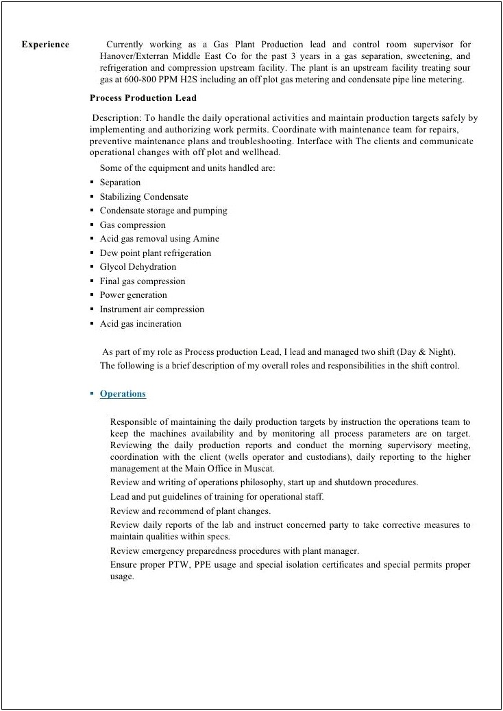 Oil And Gas Operator Resume Examples