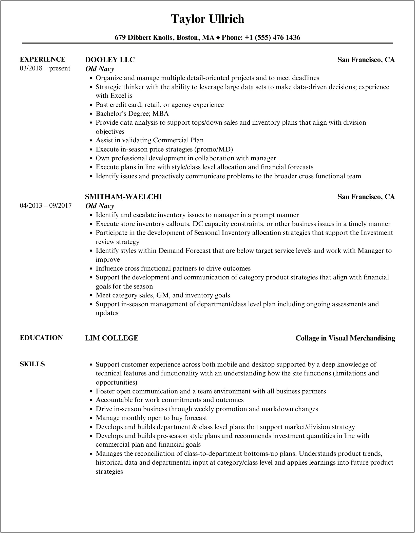 Old Navy Sales Associate Job Description For Resume