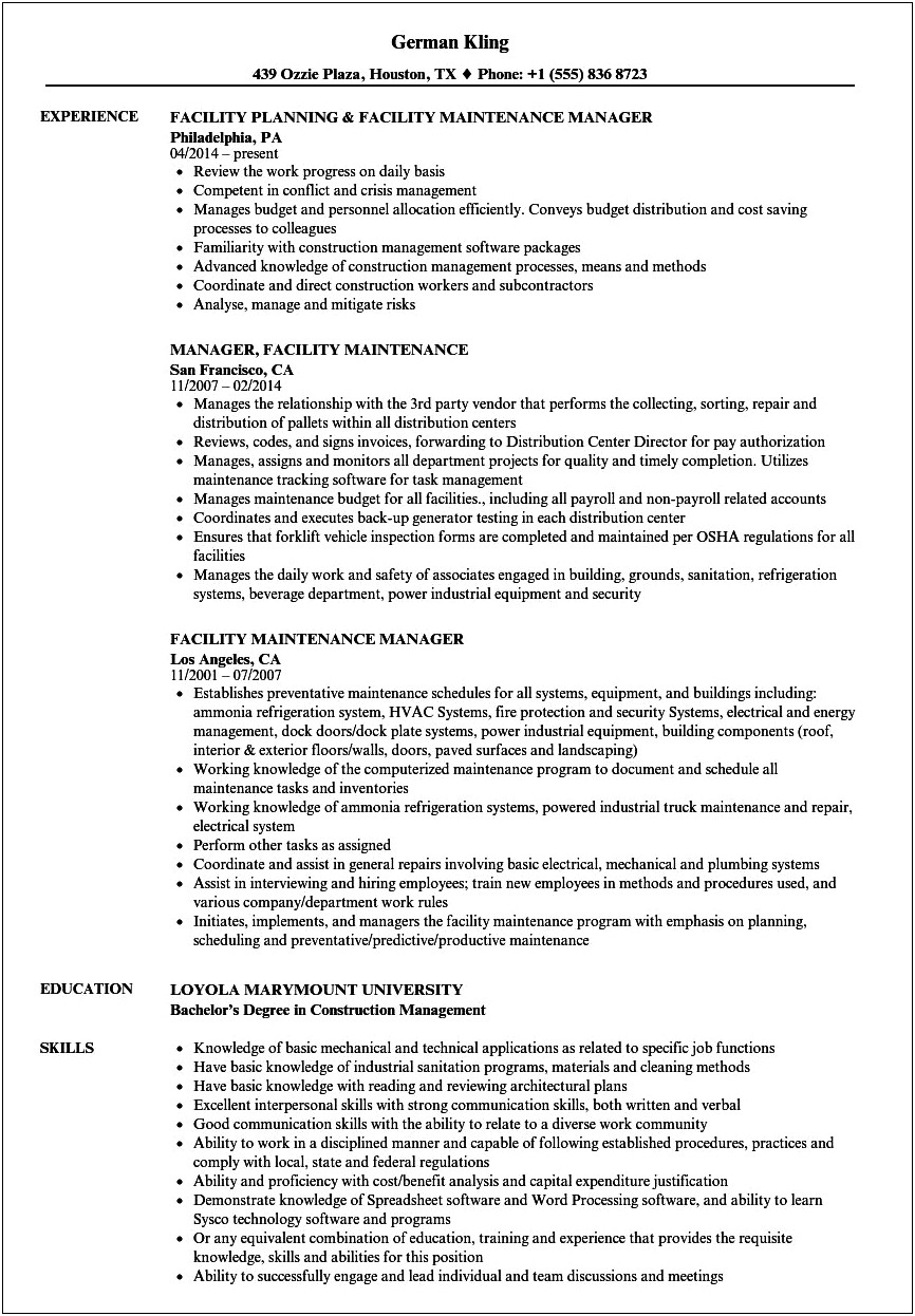 O&m Officer Summary For Resume Example