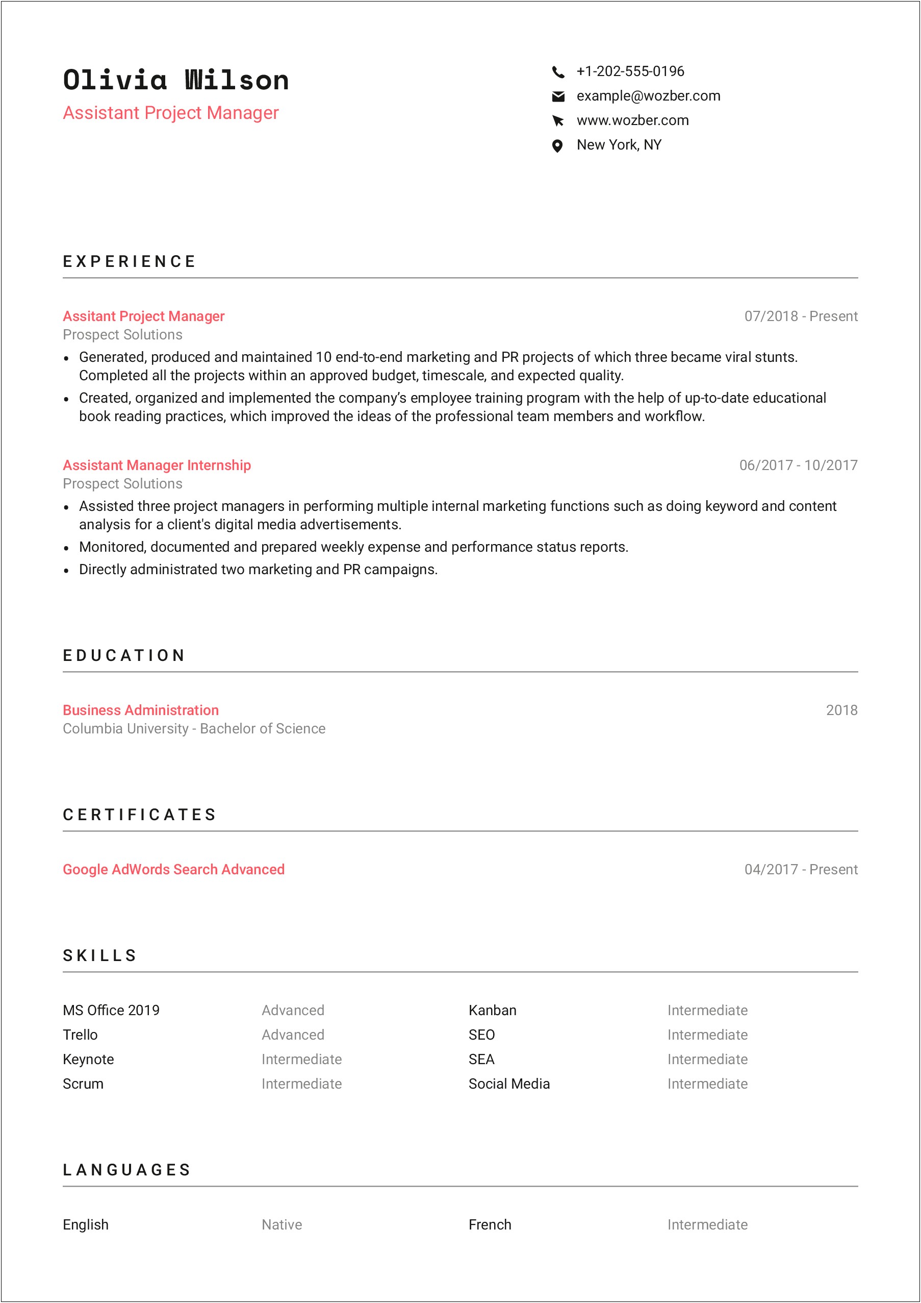 One Page Resume Example Internship It