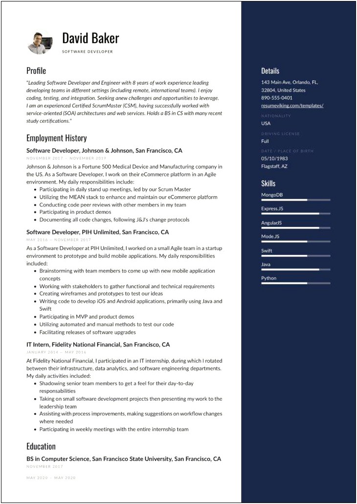 One Page Resume For Java Developer Sample Resume