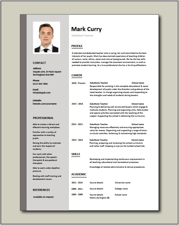 One Page Sample Resume For Sub Teacher