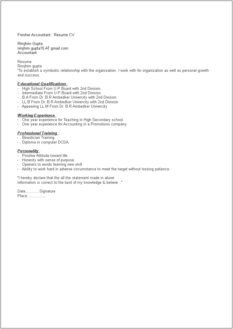 One Year Experience Resume For Accountant