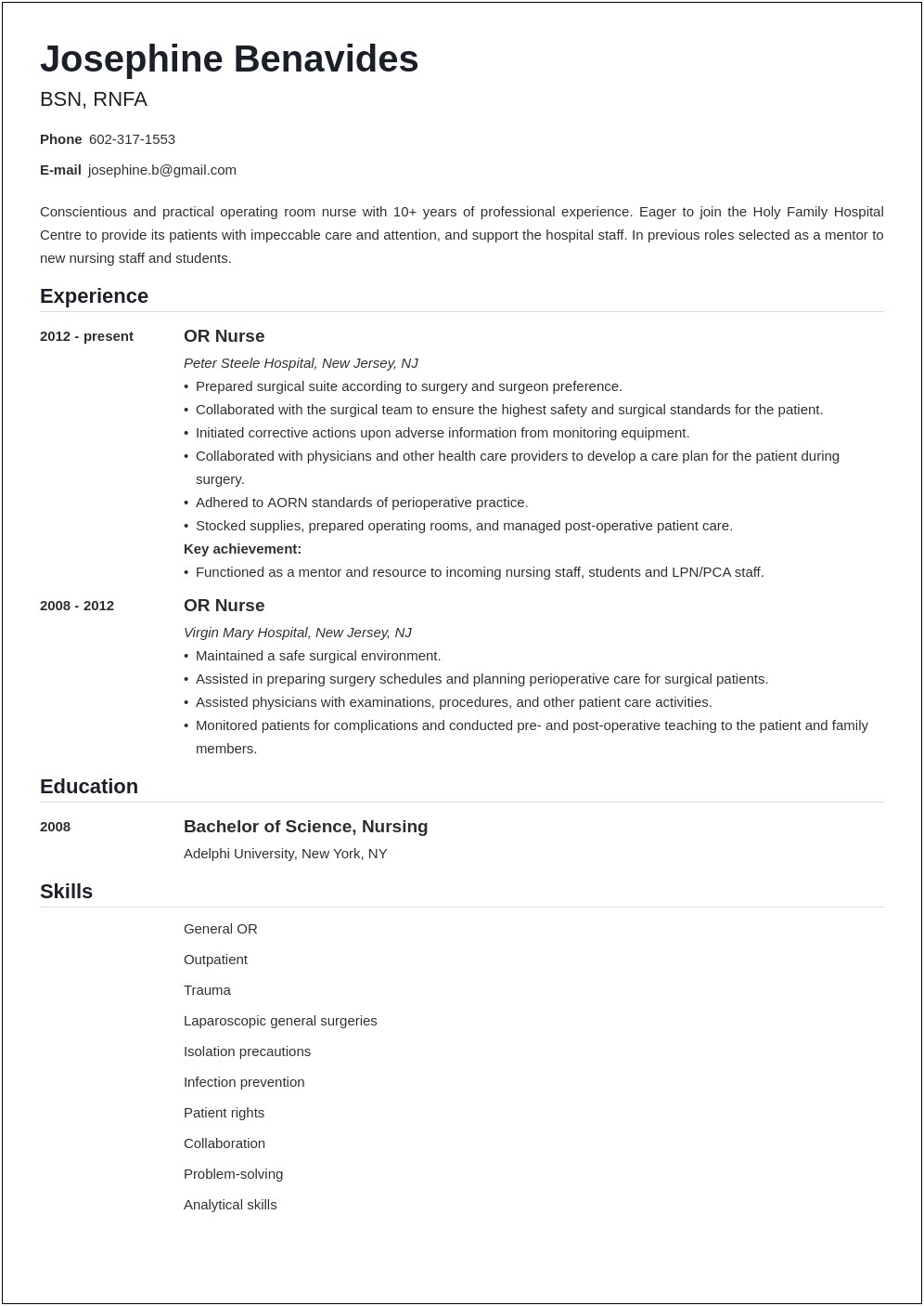 One Year Of Experience Resume Nursing