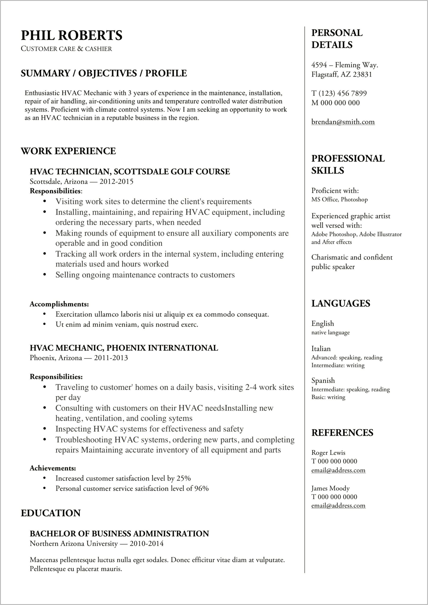 Operation And Maintenance Technician Resume Sample