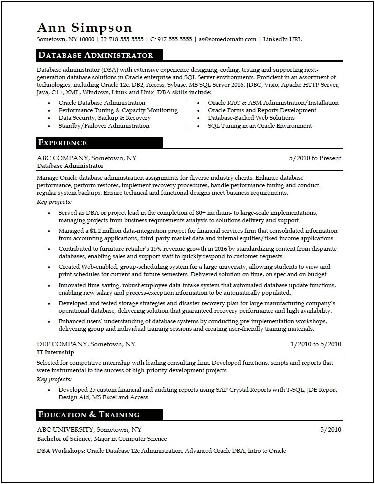 Oracle Database Administrator Resume With 3 Years Experience