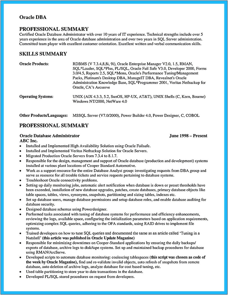 Oracle Dba Resume For 10 Years Experience