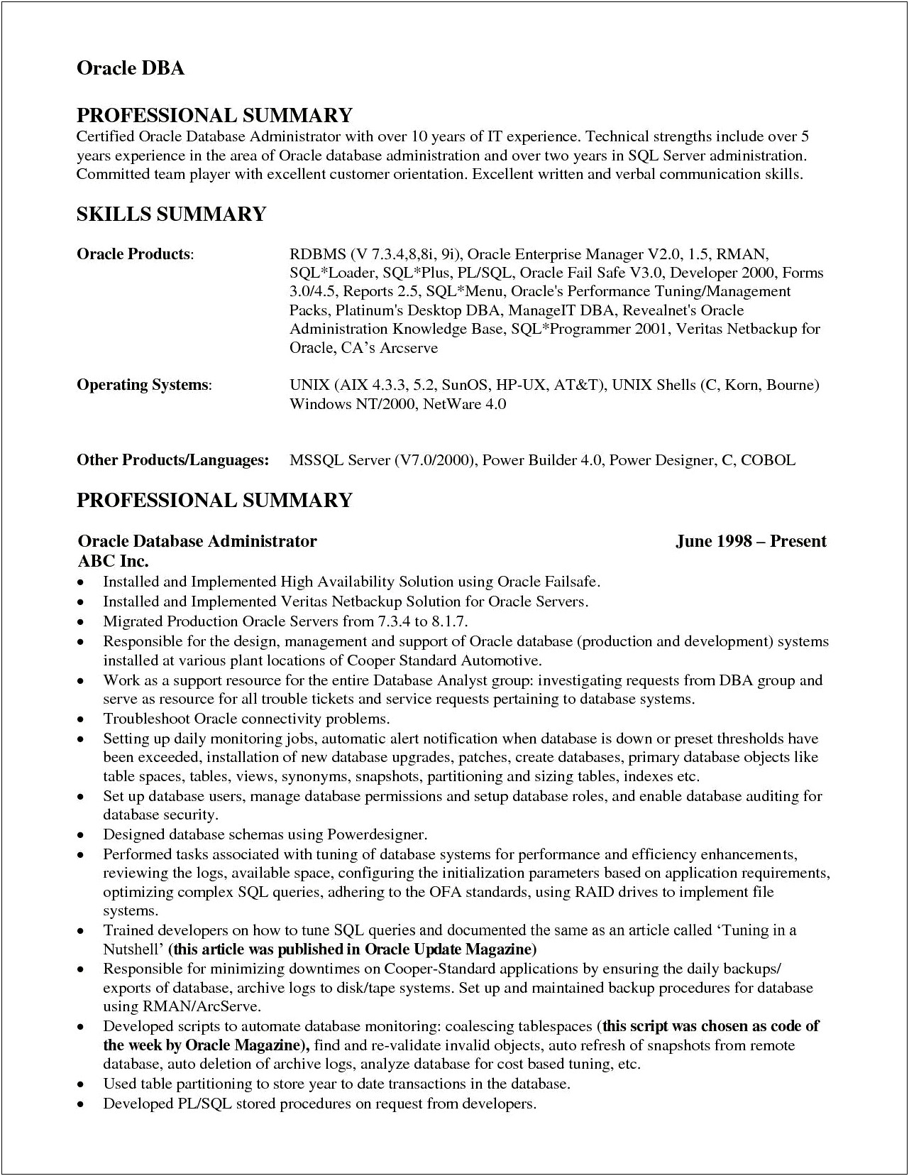 Oracle Dba Resume For 7 Years Experience Latest