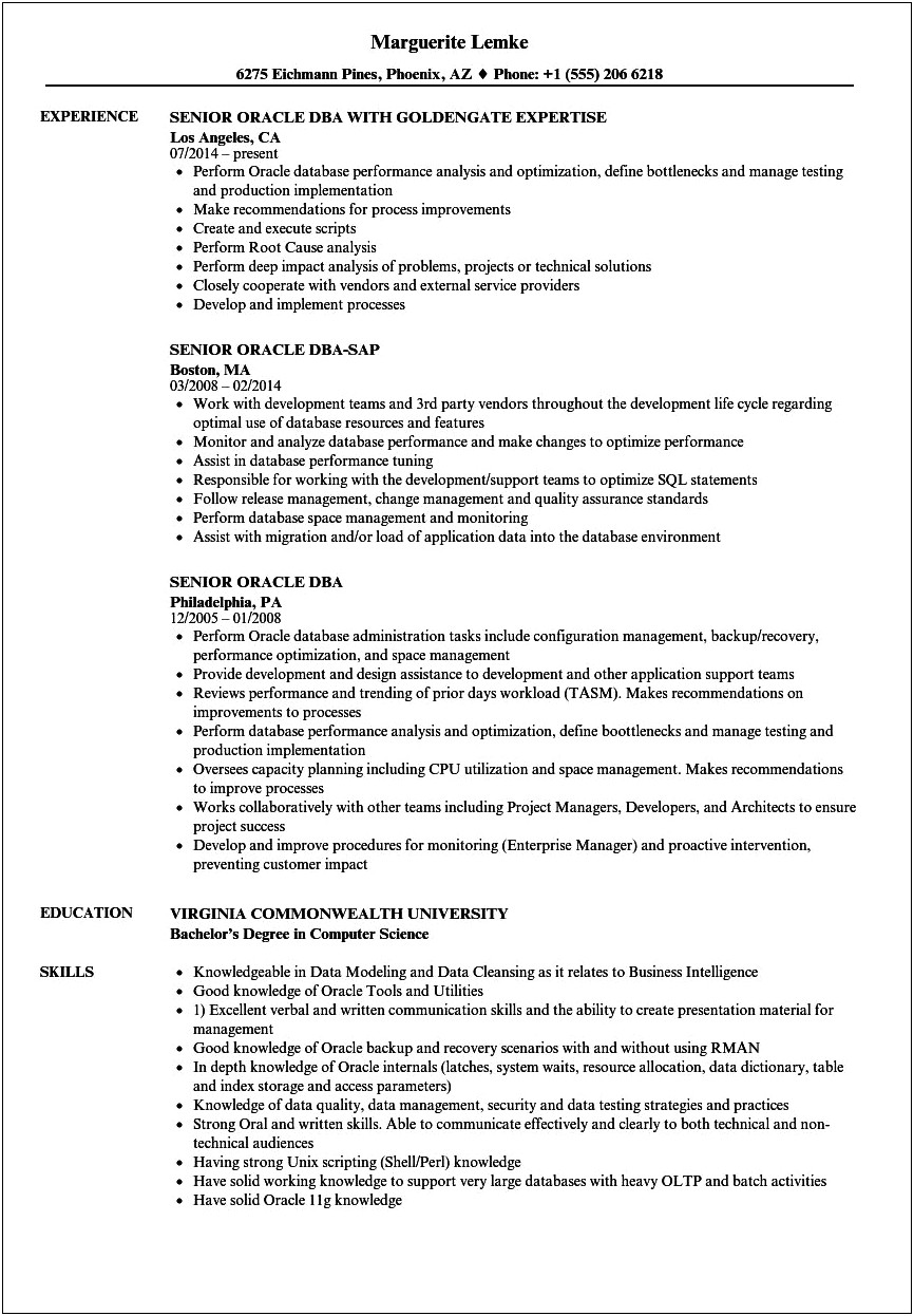 Oracle Dba Resume For 7 Years Experience