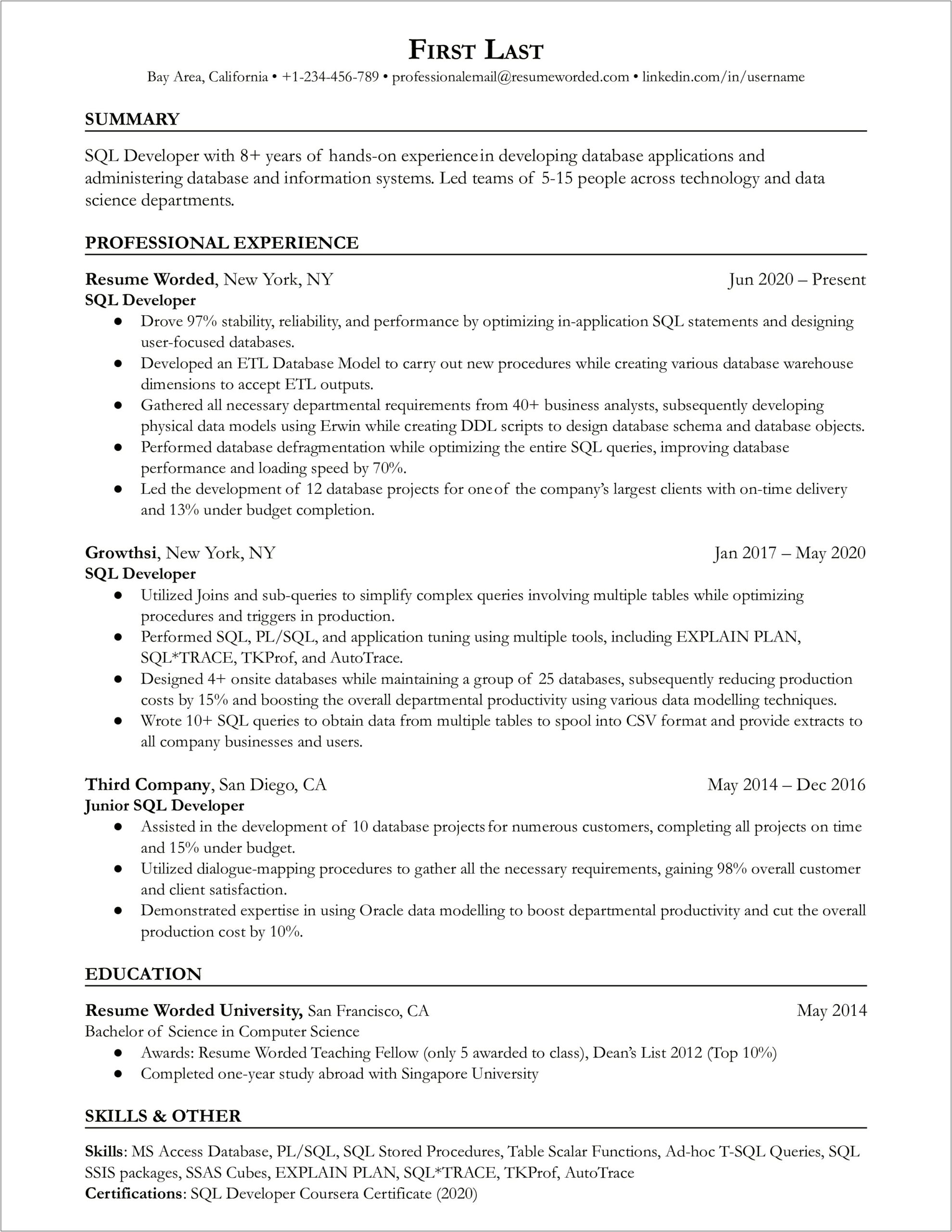 Oracle Pl Sql 2 Years Experience Resume