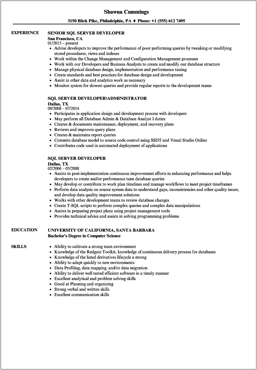 Oracle Sql Developer Resume 2 Years Experience