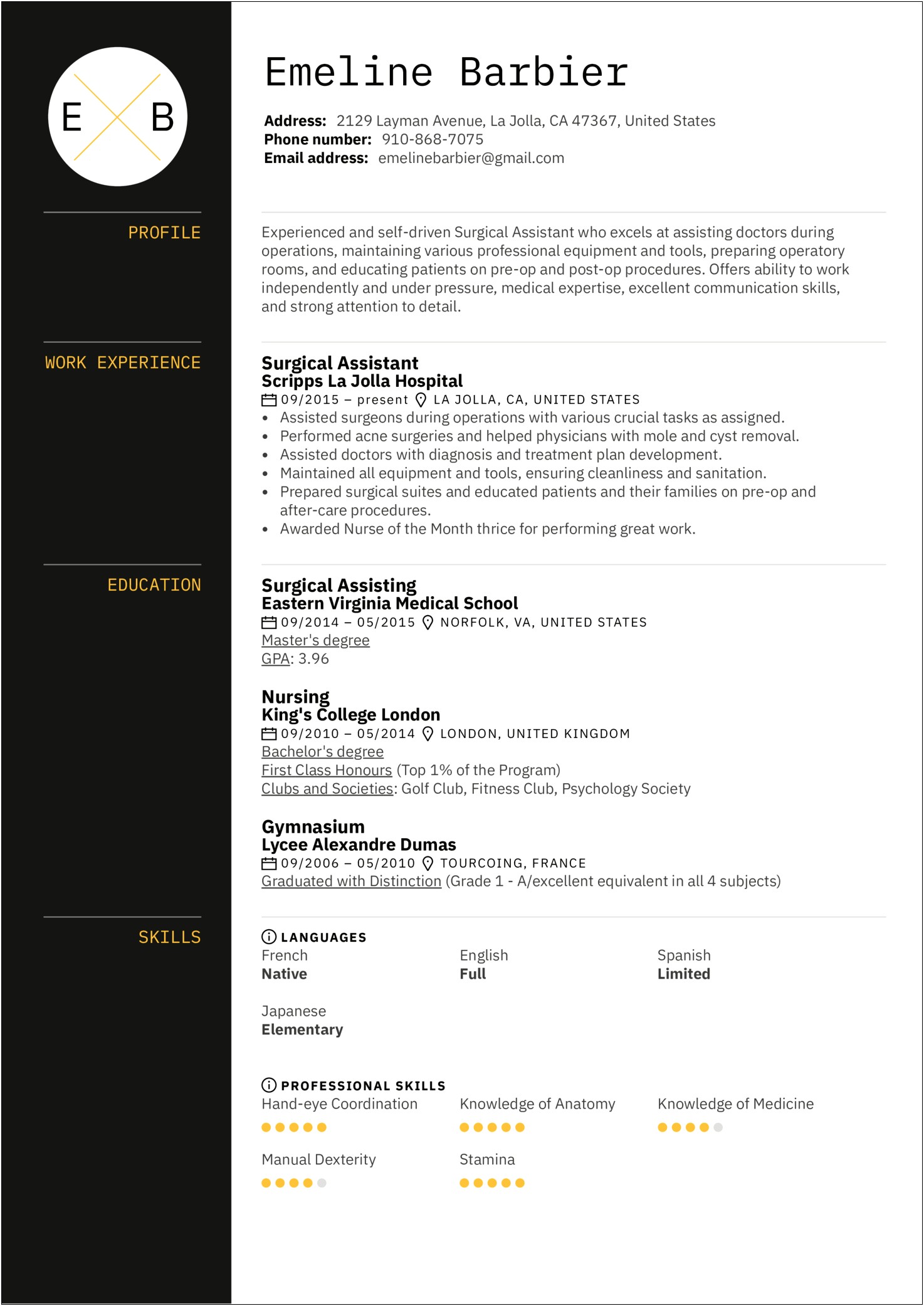 Orthopedic Surgical Coordinating Manager Resume Sample