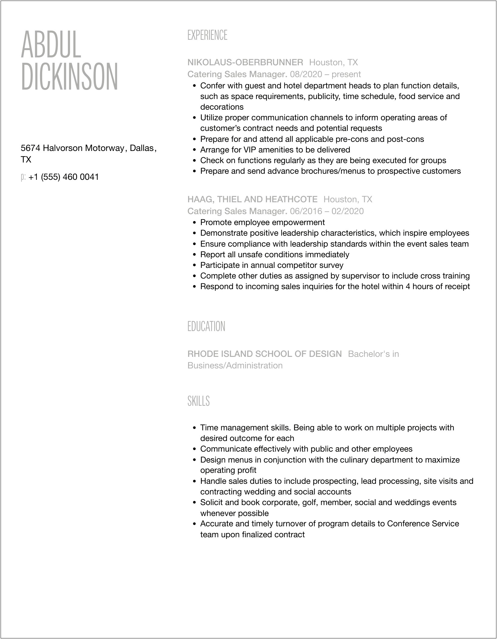 Outside Catering Sales Manager Resume Sample