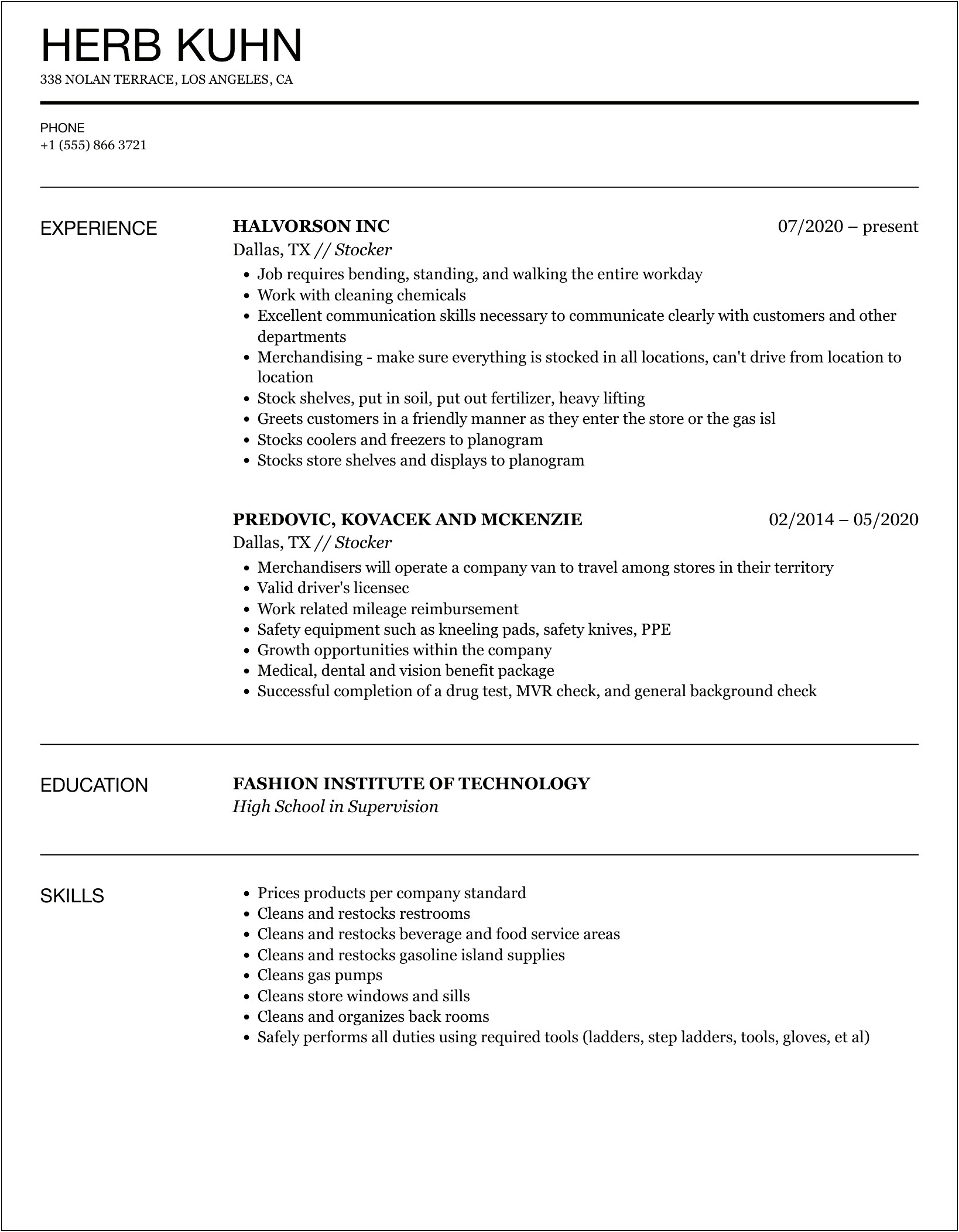 Overnight Stocker Job Description For Resume