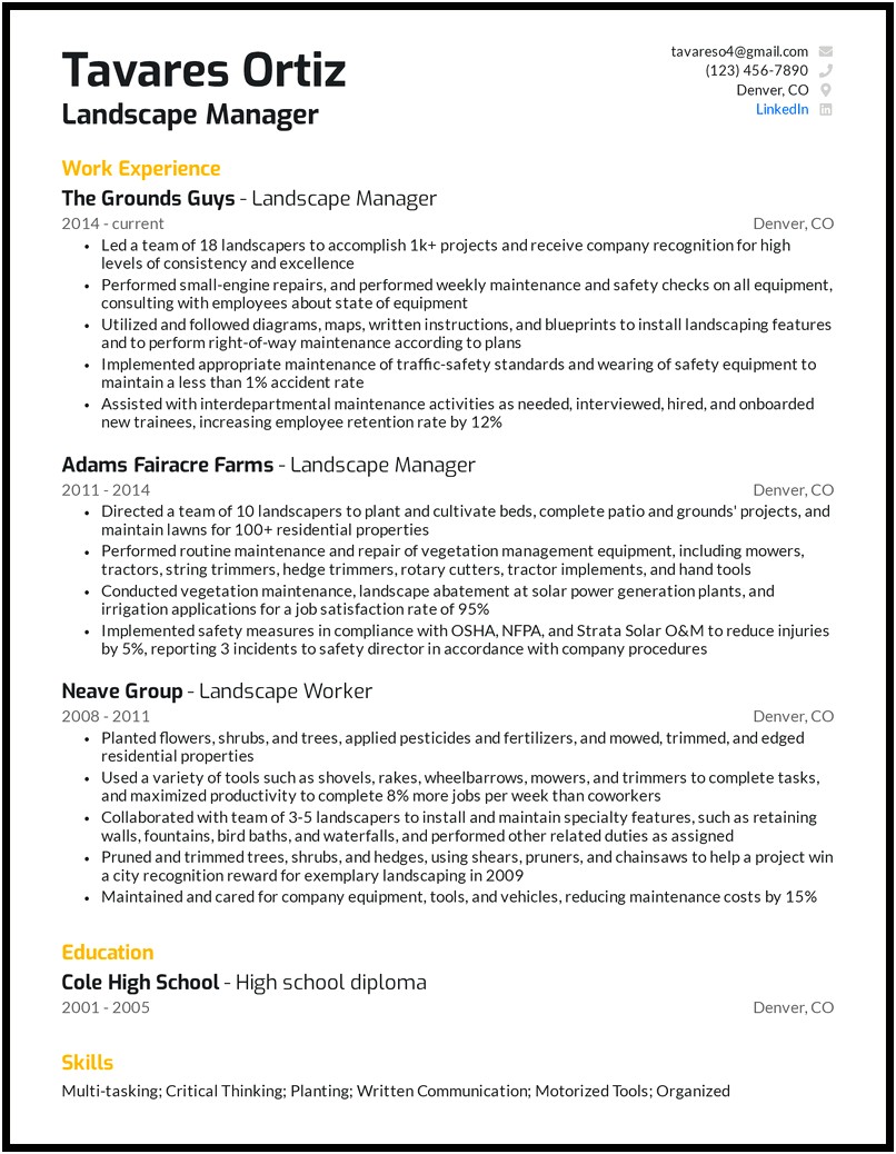 Owning Landscaping Resume Job Title Samples