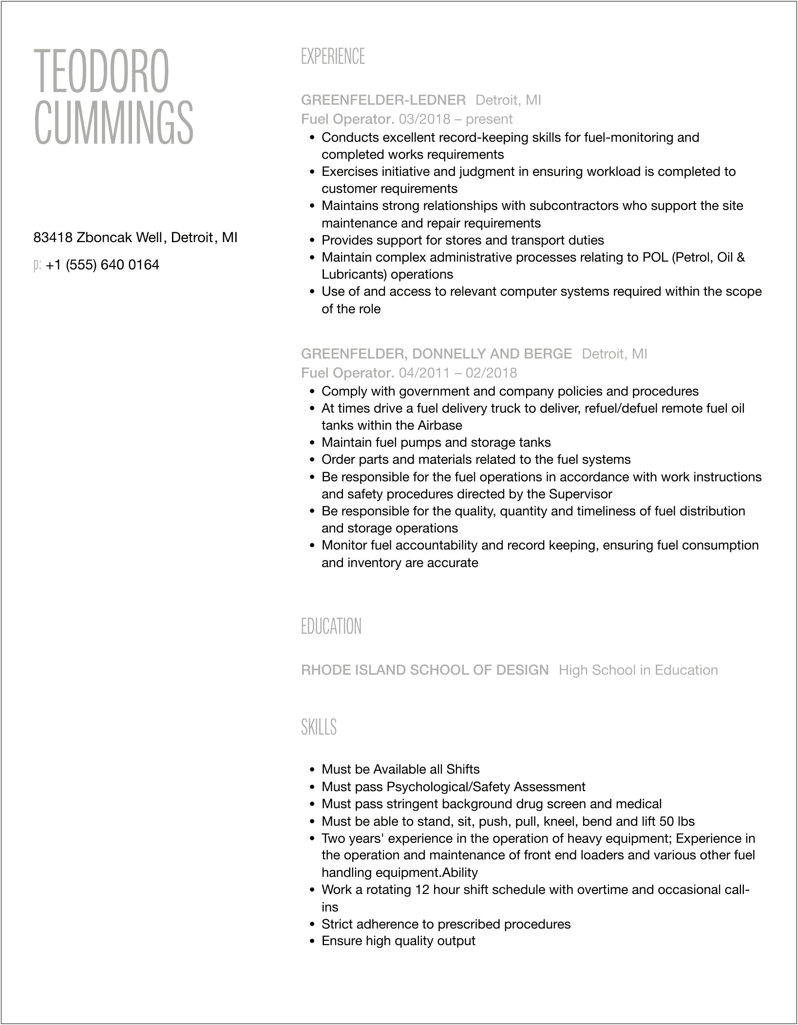 Oxy Fuel Burn Table Operator Resume Description