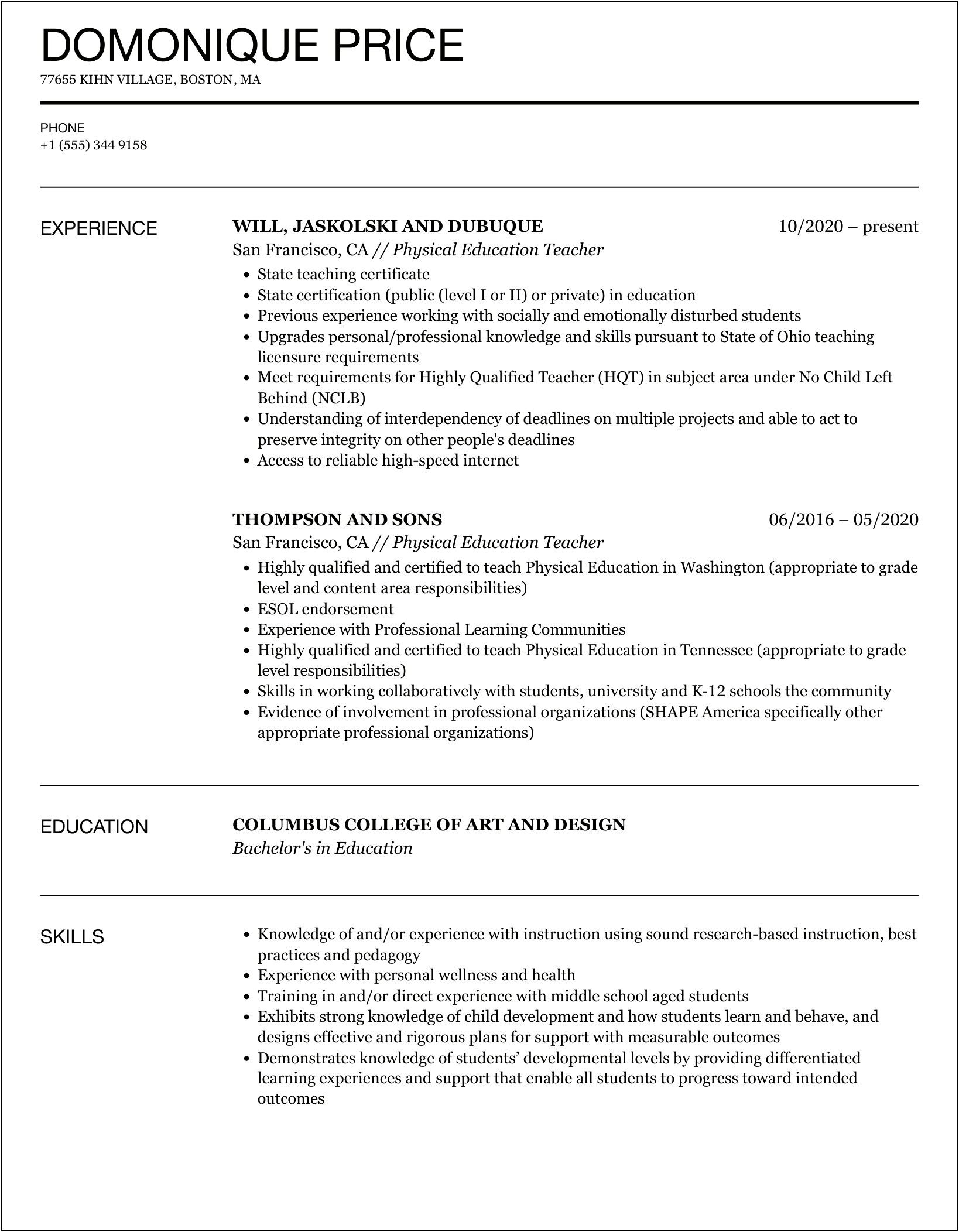 P.e Teacher Resume Free Sample