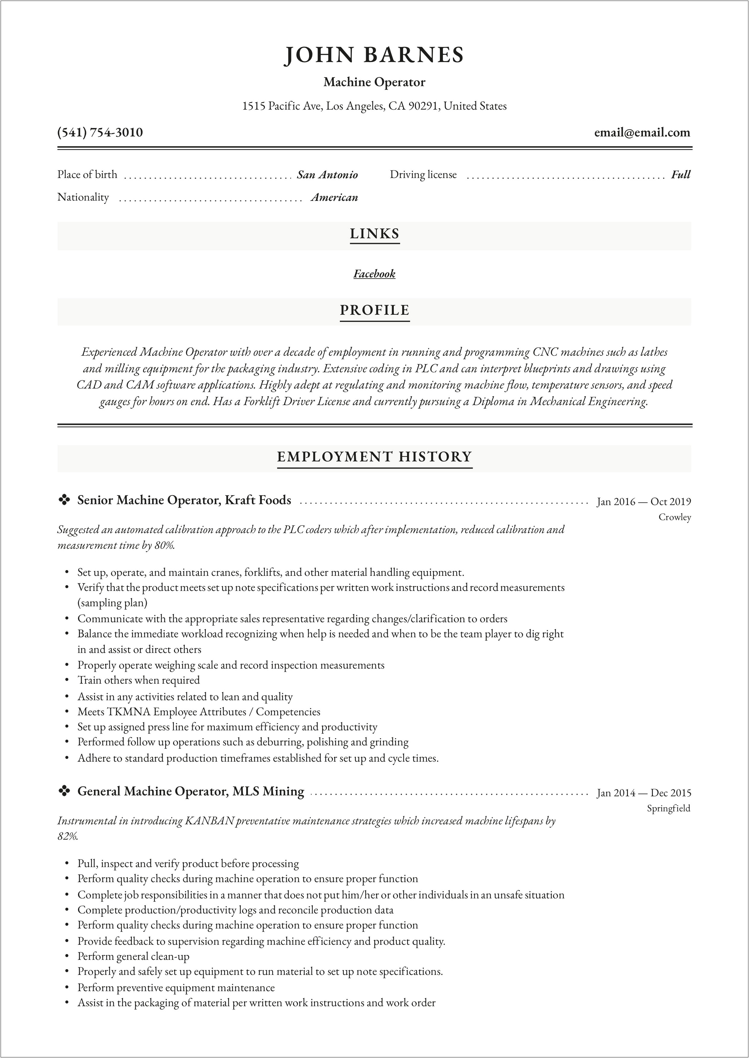 Packaging Operator Job Description For Resume