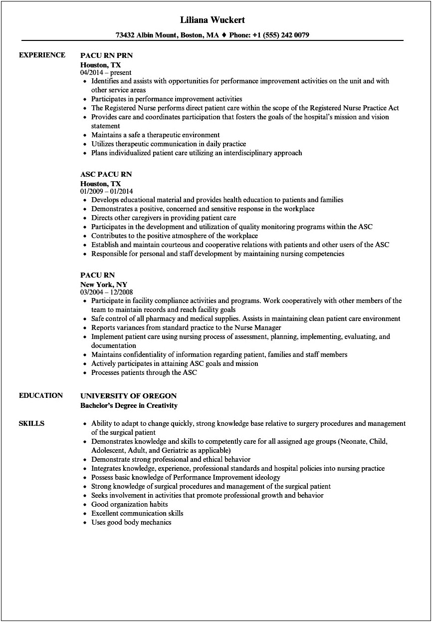 Pacu Nurse Career Profile Sample Resume