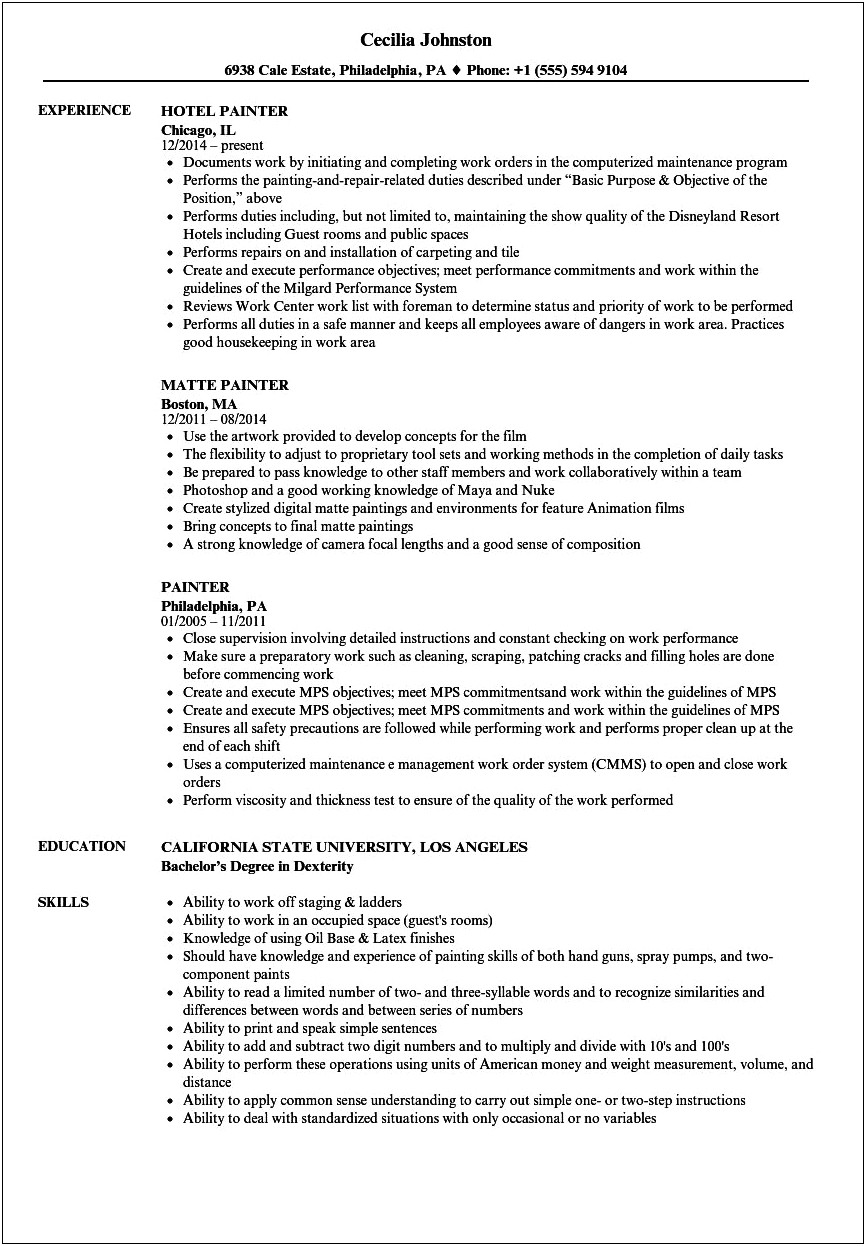 Painter Skills And Abilities For Resume