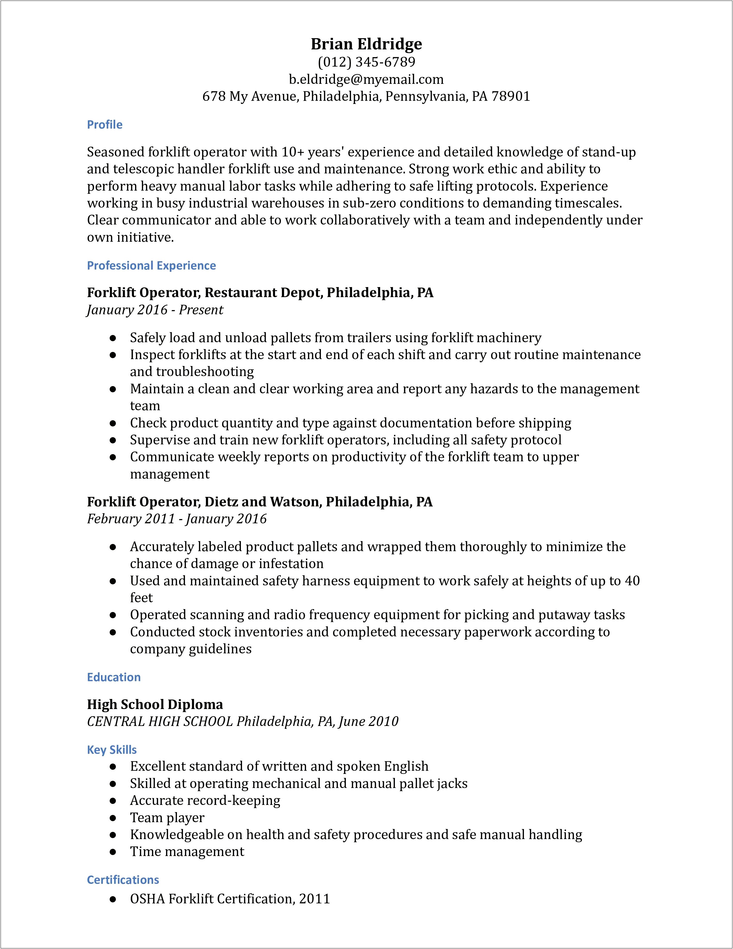 Pallet Jack Operator Job Description For Resume