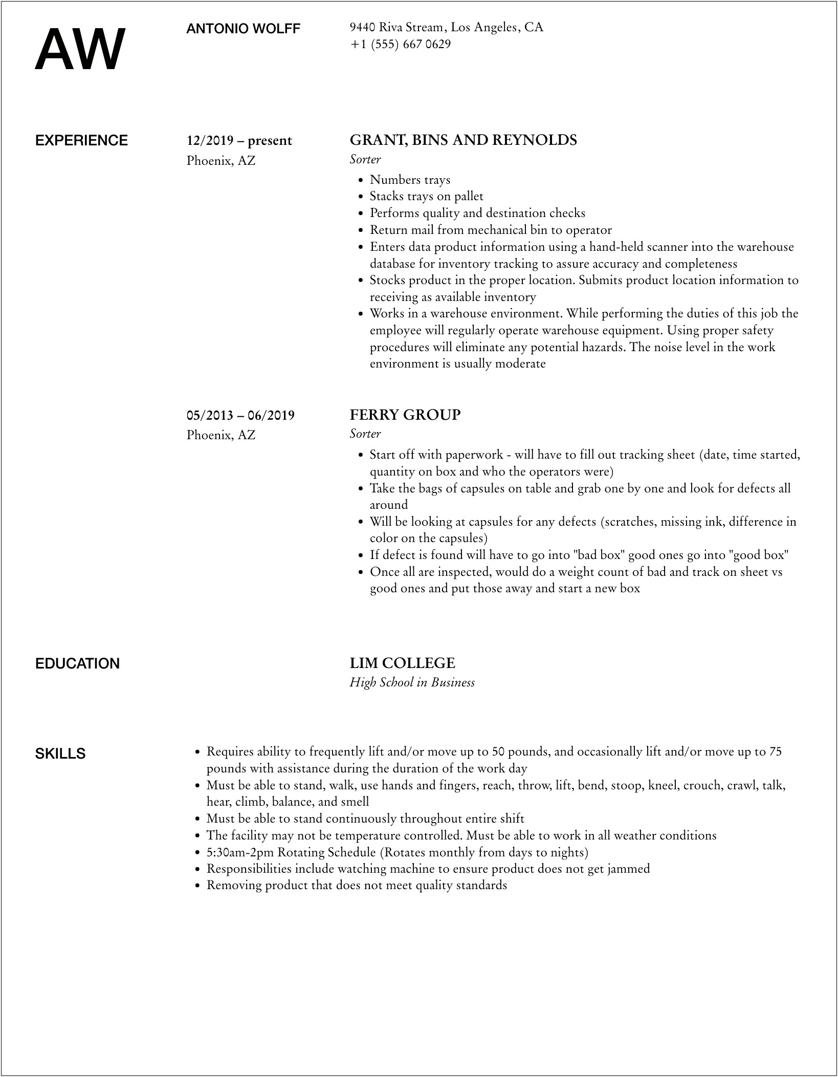 Pallet Sorter Job Description For Resume